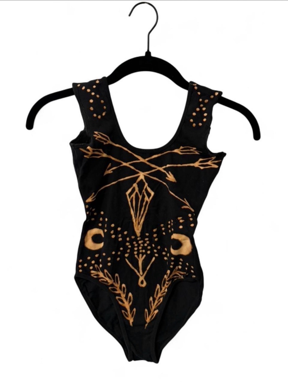 Upcycled Black American Apparel Bodysuit with Hand-painted Bleach Design